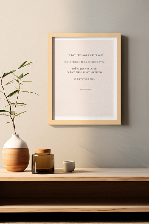 Christian scripture wall art featuring Numbers 6:24–26 home blessing in a warm wood frame