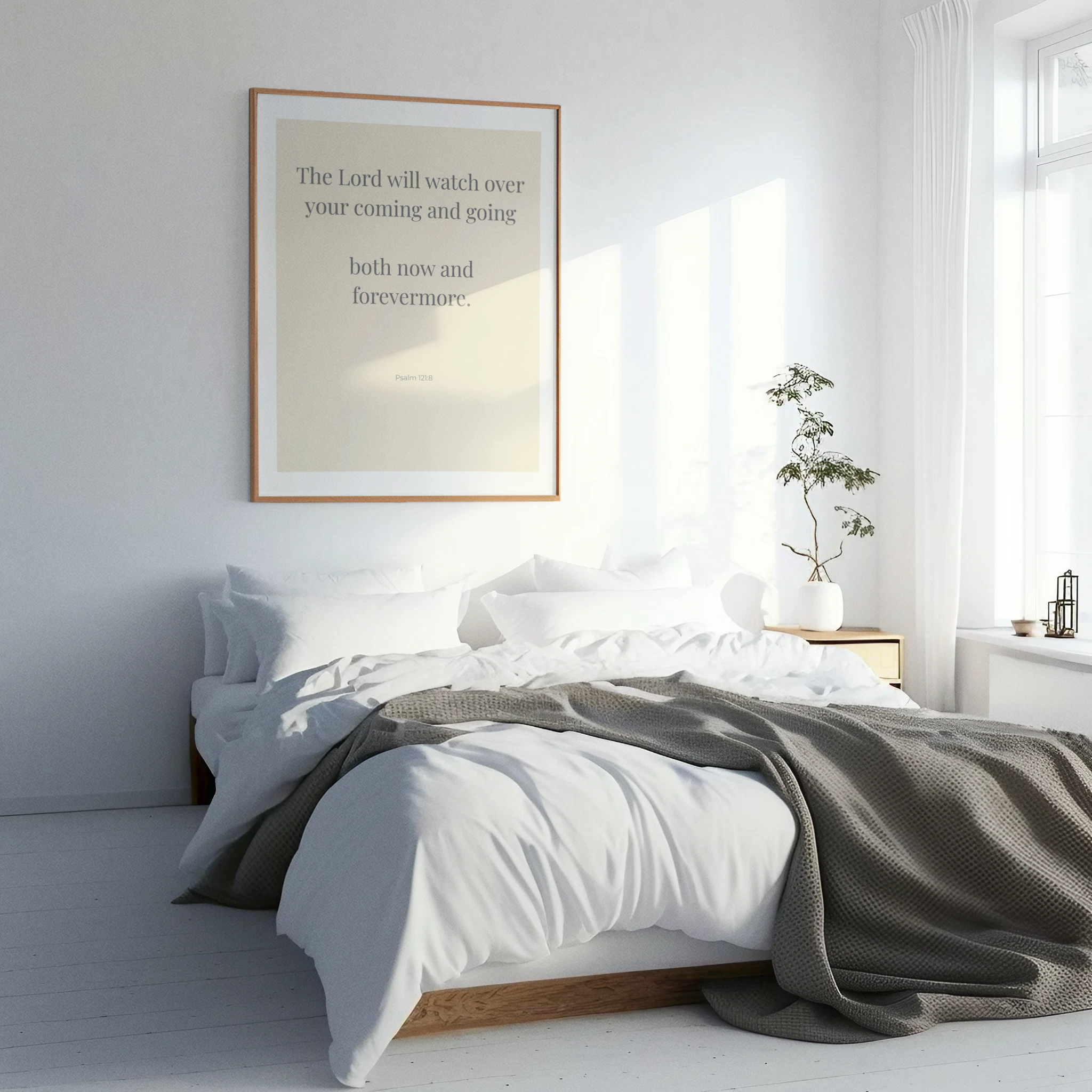 Christian encouragement wall art featuring Psalm 121:8 in neutral bedroom room
